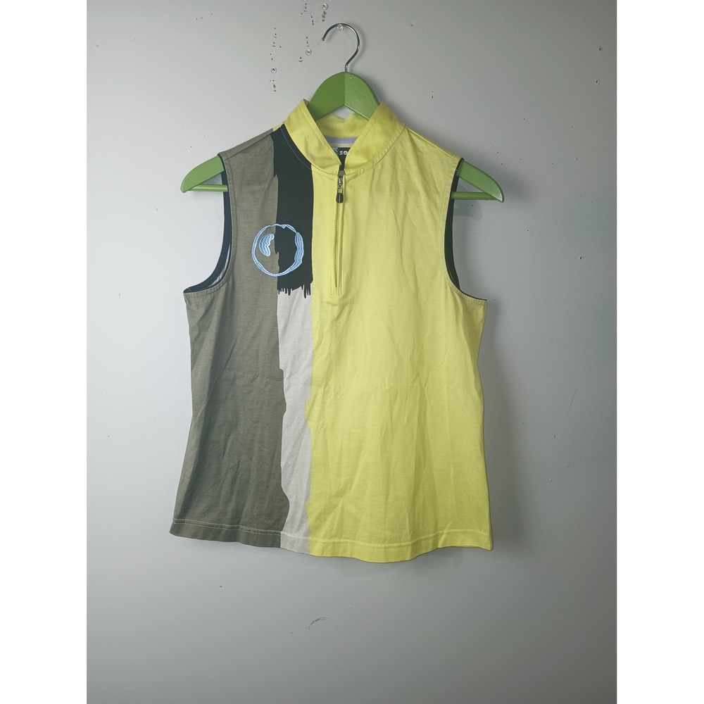 Jamie Sadock Womens Golf Top Sleeveless Quarter Zip Yellow Green Cotton Size M